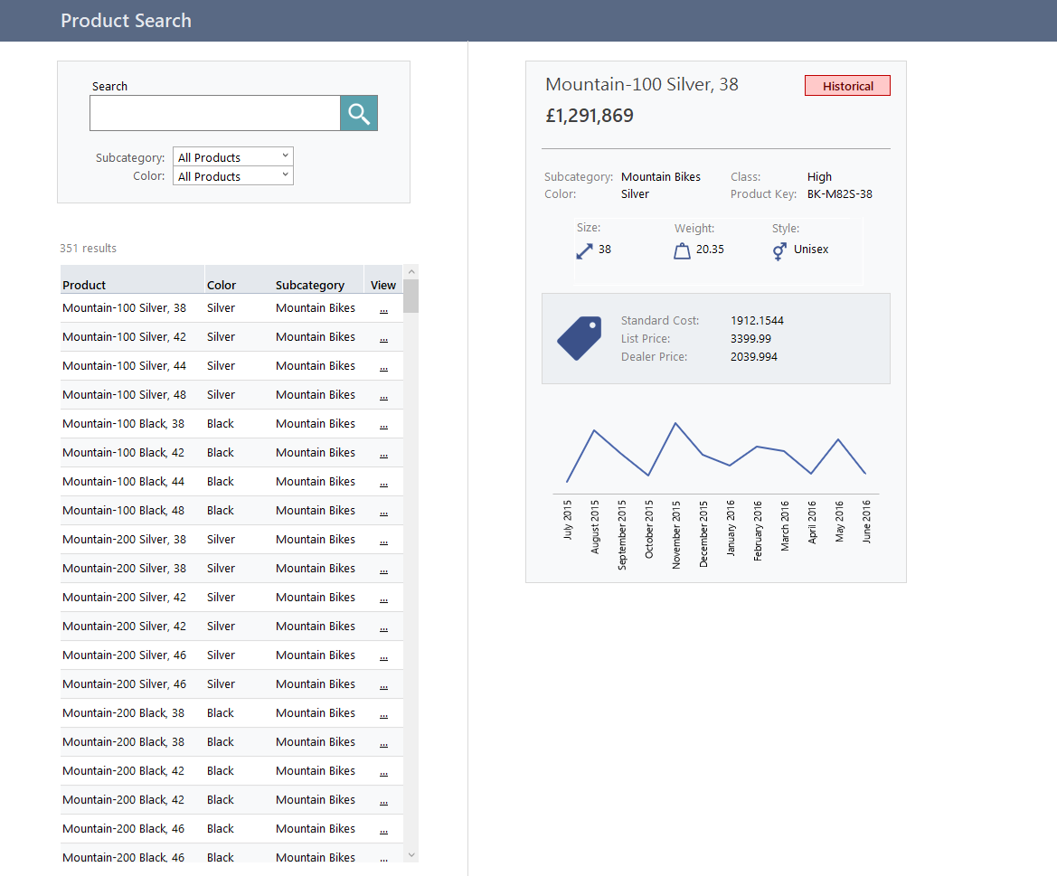 A product details page in Excel with the ability to search for and select a product 