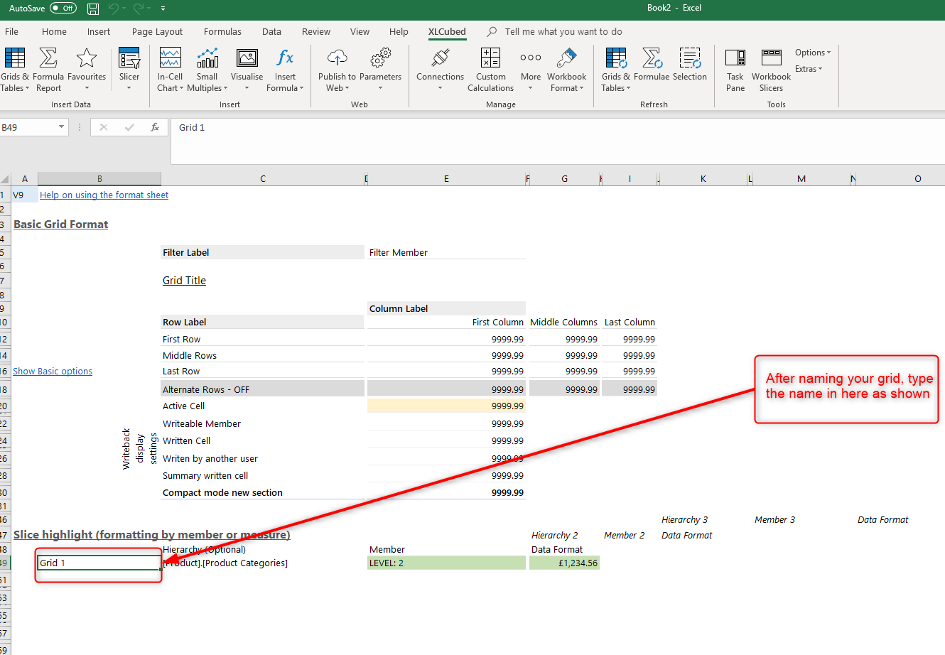 Format sheet showing grid name