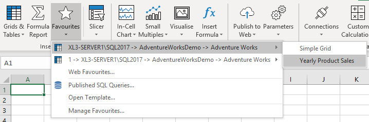 Favourites menu in the XLCubed ribbon