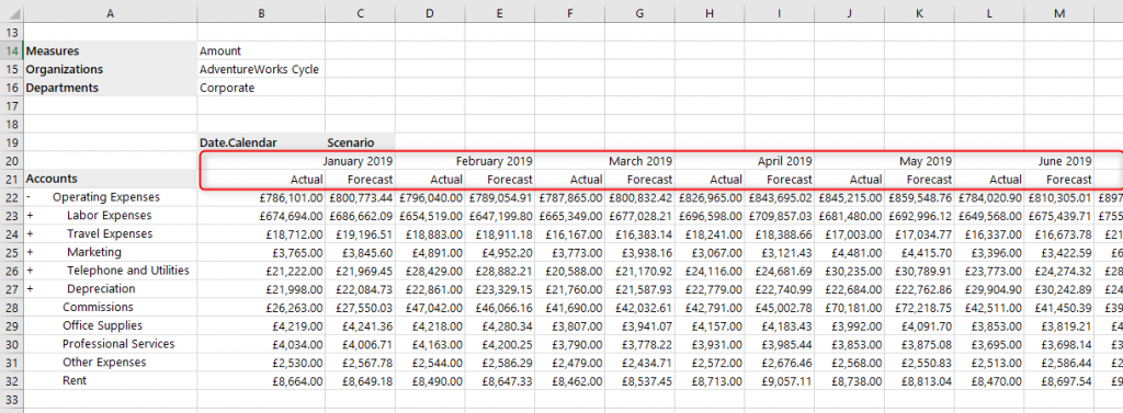 XLCubed Grid in Excel showing Actual and Forecast Data for all months