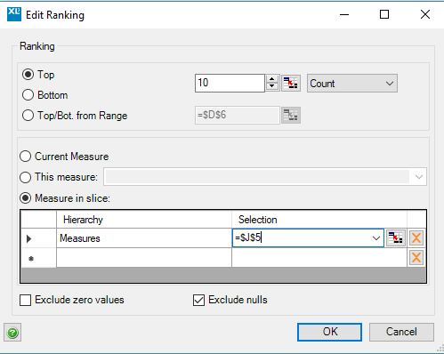 Screenshot showing XLCubed ranking form for the grid