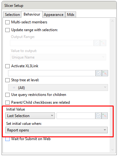 Slicer behaviour dialog showing where to set up initial selection