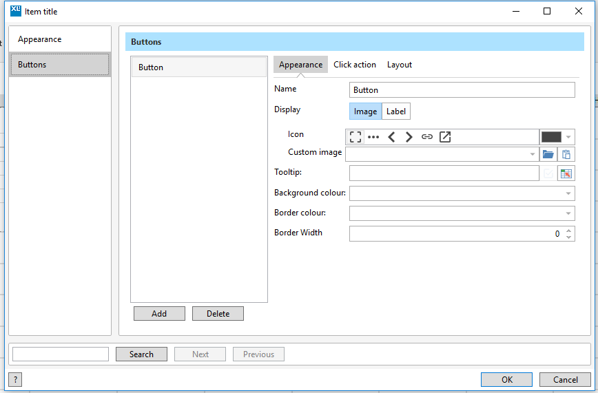 Dashboard title editor dialog showing button settings