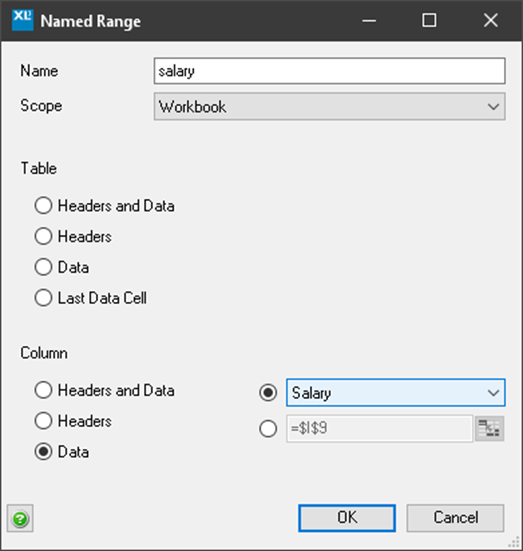 XLCubed table properties named range form