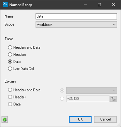 XLCubed table properties named range form